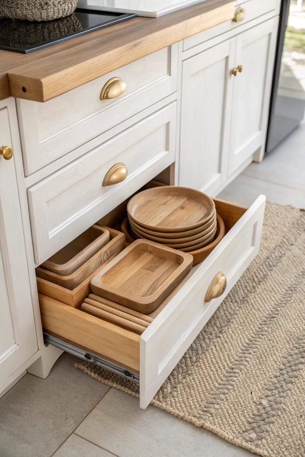 Toe-kick drawers: the hidden spot for boards and trays that makes tiny kitchens feel bigger.