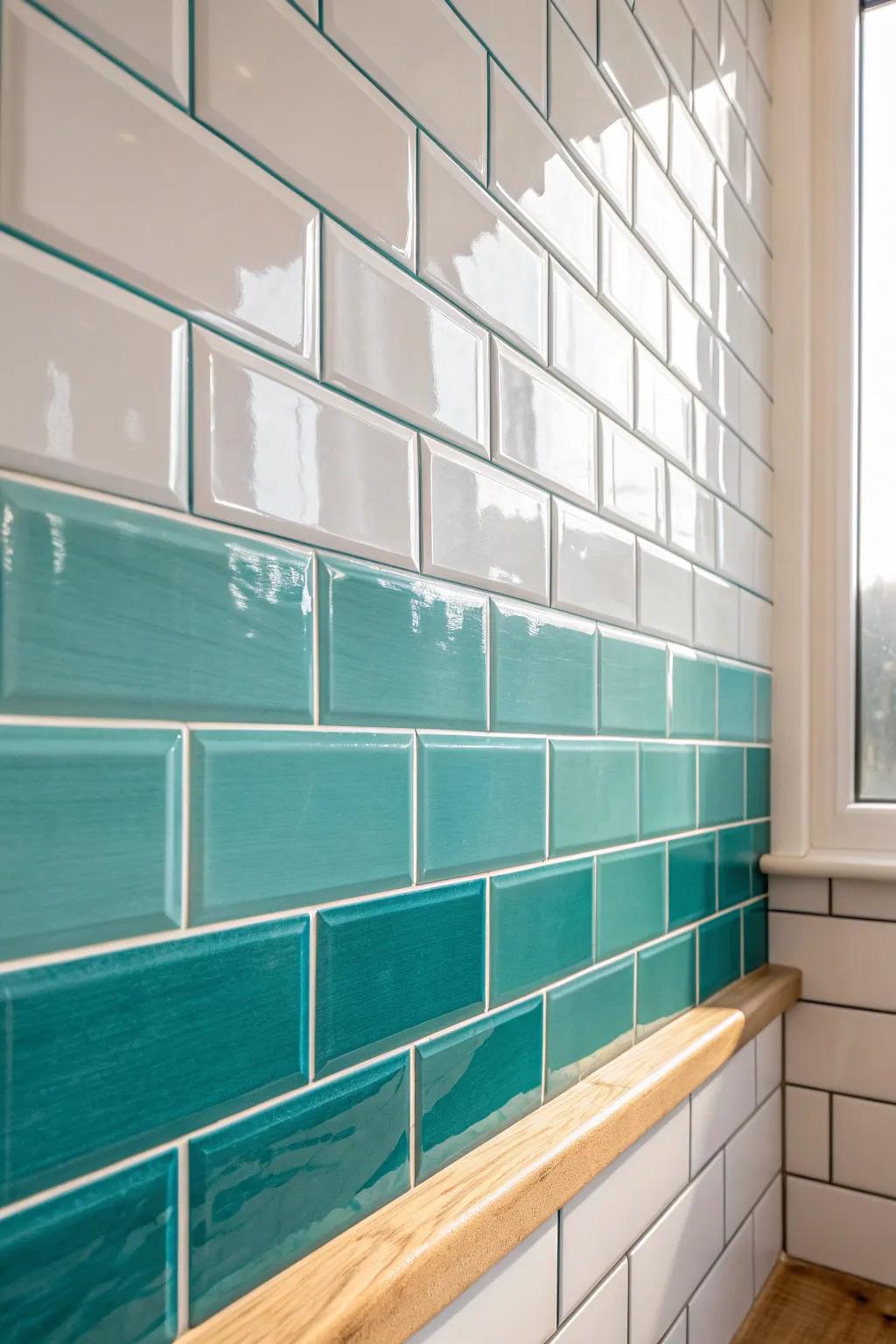 Teal ombre tile stacking creates a calming ocean gradient that visually stretches a small shower.