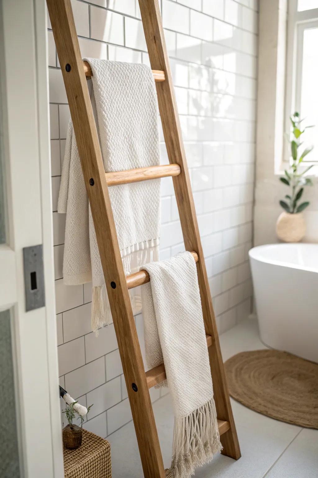 A slim towel ladder frees up counter space and keeps a tiny bathroom feeling airy.