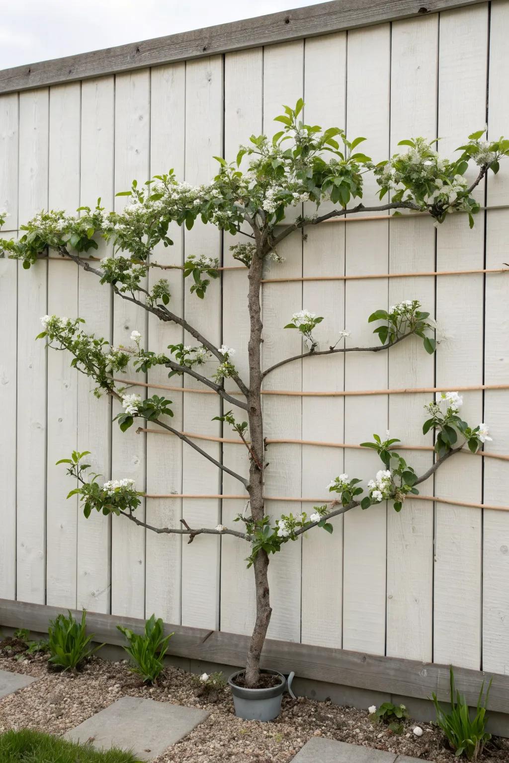 Espalier elegance: a living wow wall that turns a tiny townhouse front garden into art.