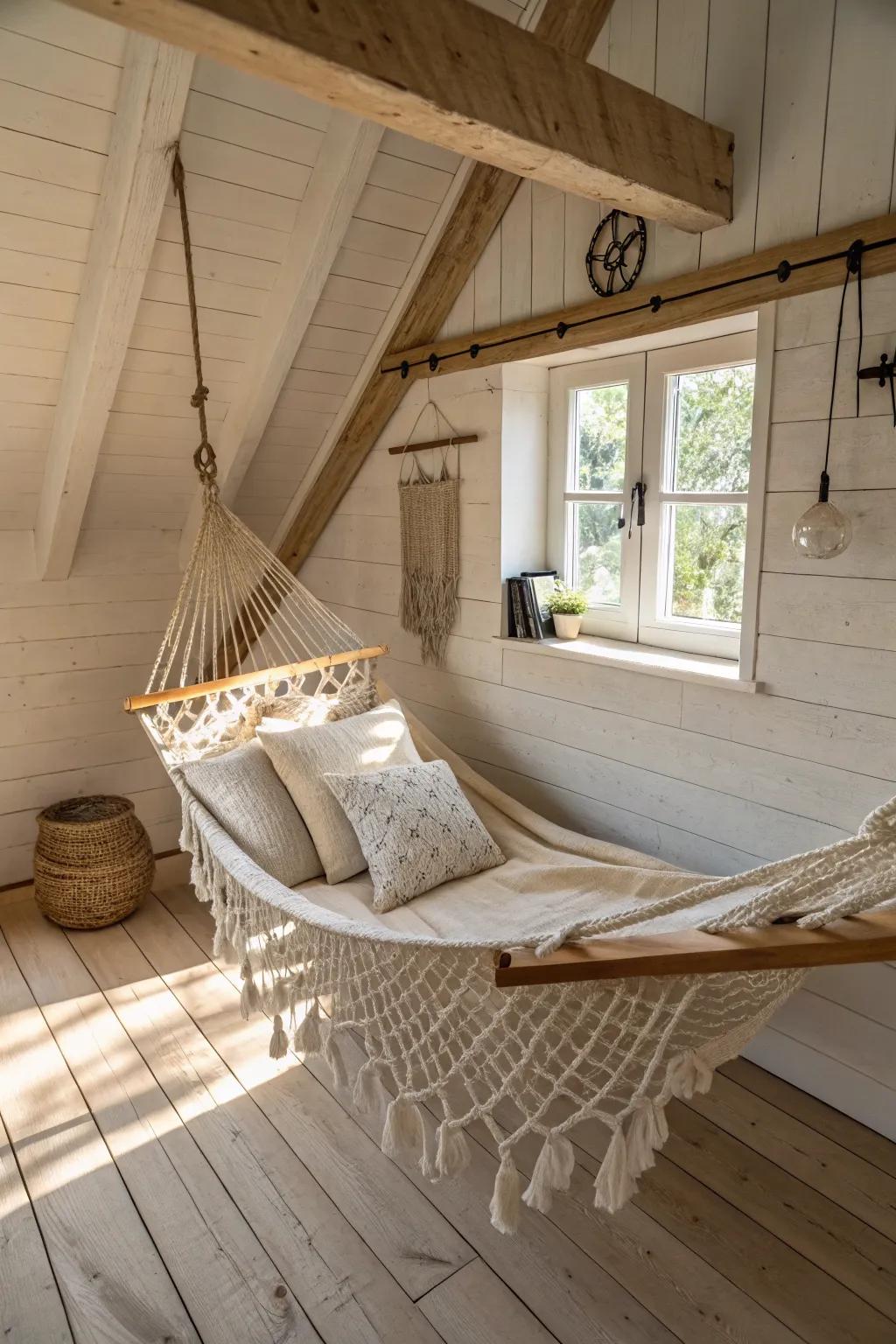 Ceiling cargo net storage keeps your tiny treehouse floor clear—cozy blankets, zero clutter.