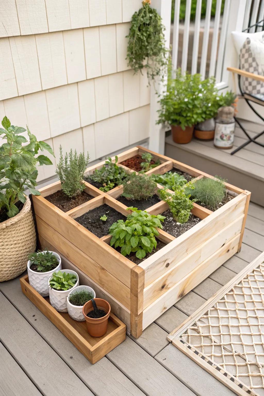 Maximize a tiny garden: one raised bed with a neat container grid for movable herbs and peppers.