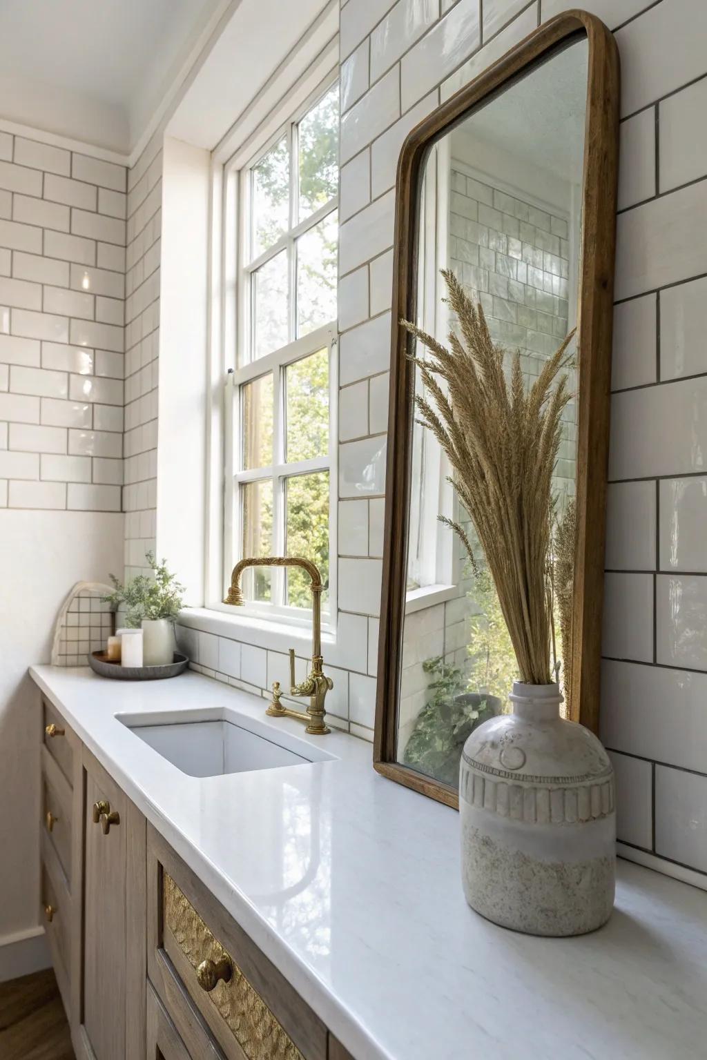 A slim mirror panel by the window doubles the light and makes a narrow Victorian galley feel deeper.