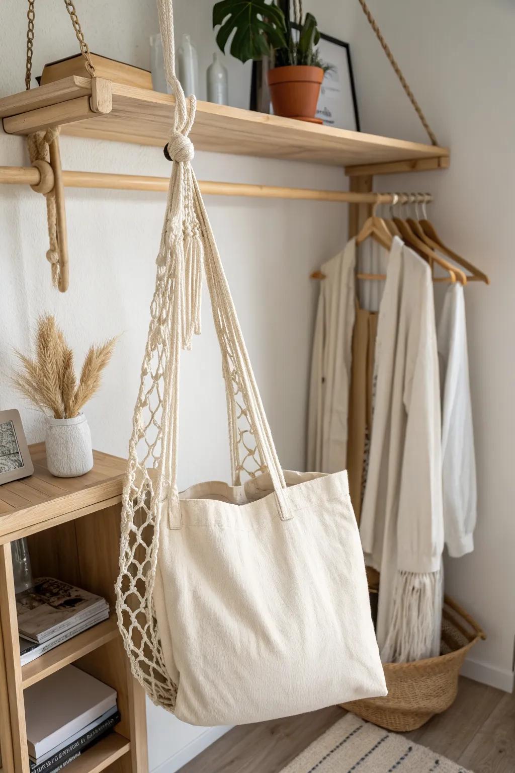 A macramé bag hammock under a shelf keeps totes off the floor—perfect for tiny walk-ins.