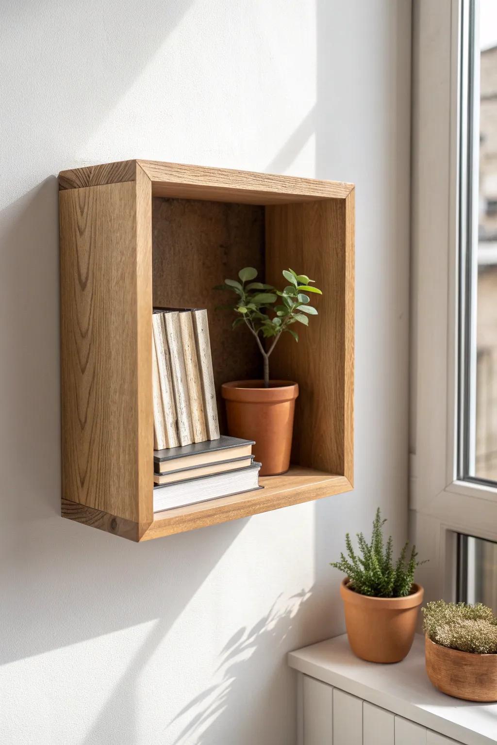 A simple wall cubby turns an awkward spot into stylish storage—books + a tiny plant.