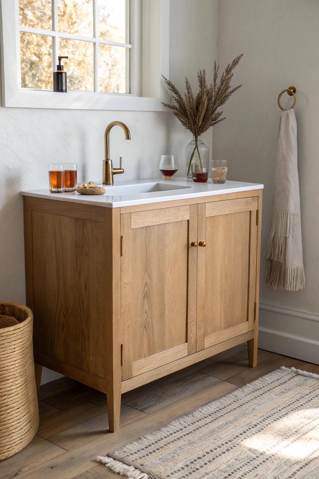 One small wet bar that switches from calm morning coffee to sleek evening cocktails—sink included.