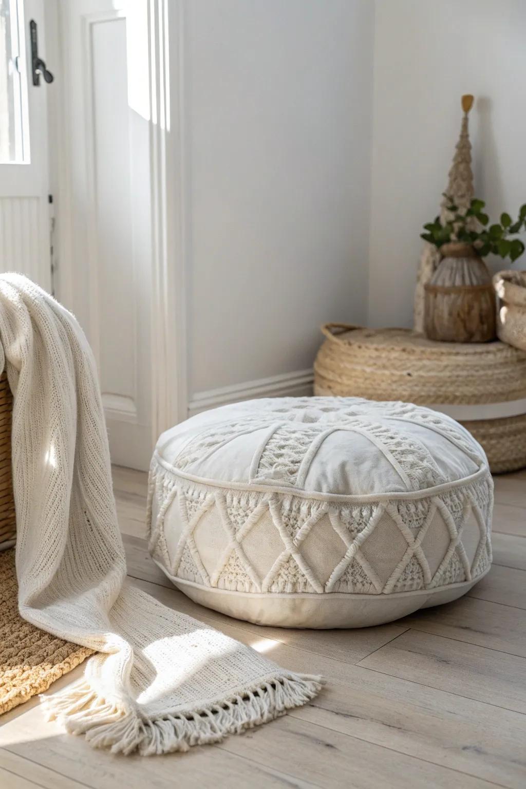 A dreamy “cloud corner” starts with one plush white floor cushion and a cozy throw.