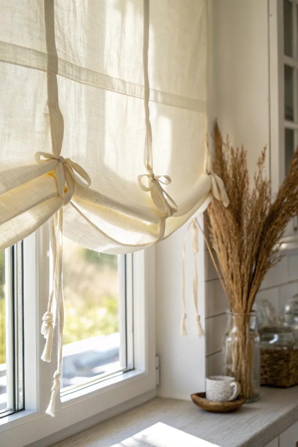 A sweet linen tie-up shade softens a tiny window with cozy cottage charm.