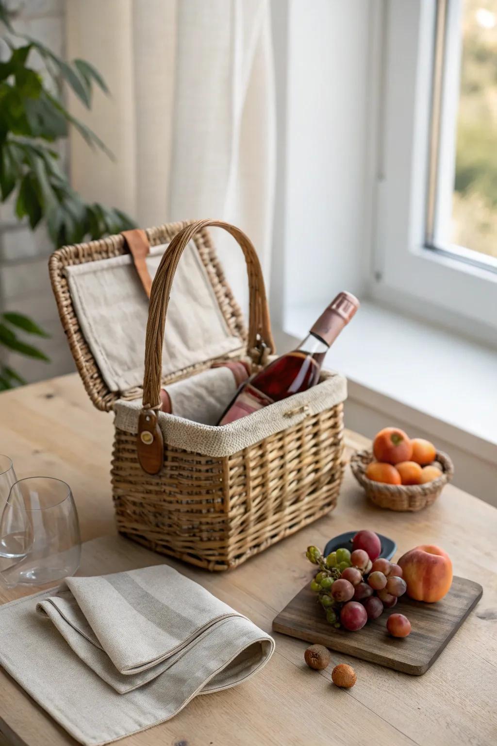 A grab-and-go picnic wine basket: rosé, dried fruit, and linen napkins in a woven tote.