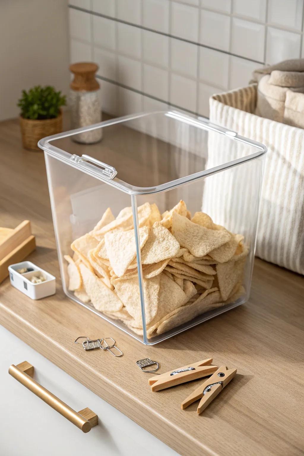 One sleek snack bin keeps all opened bags clipped, tidy, and fresh in a small kitchen.