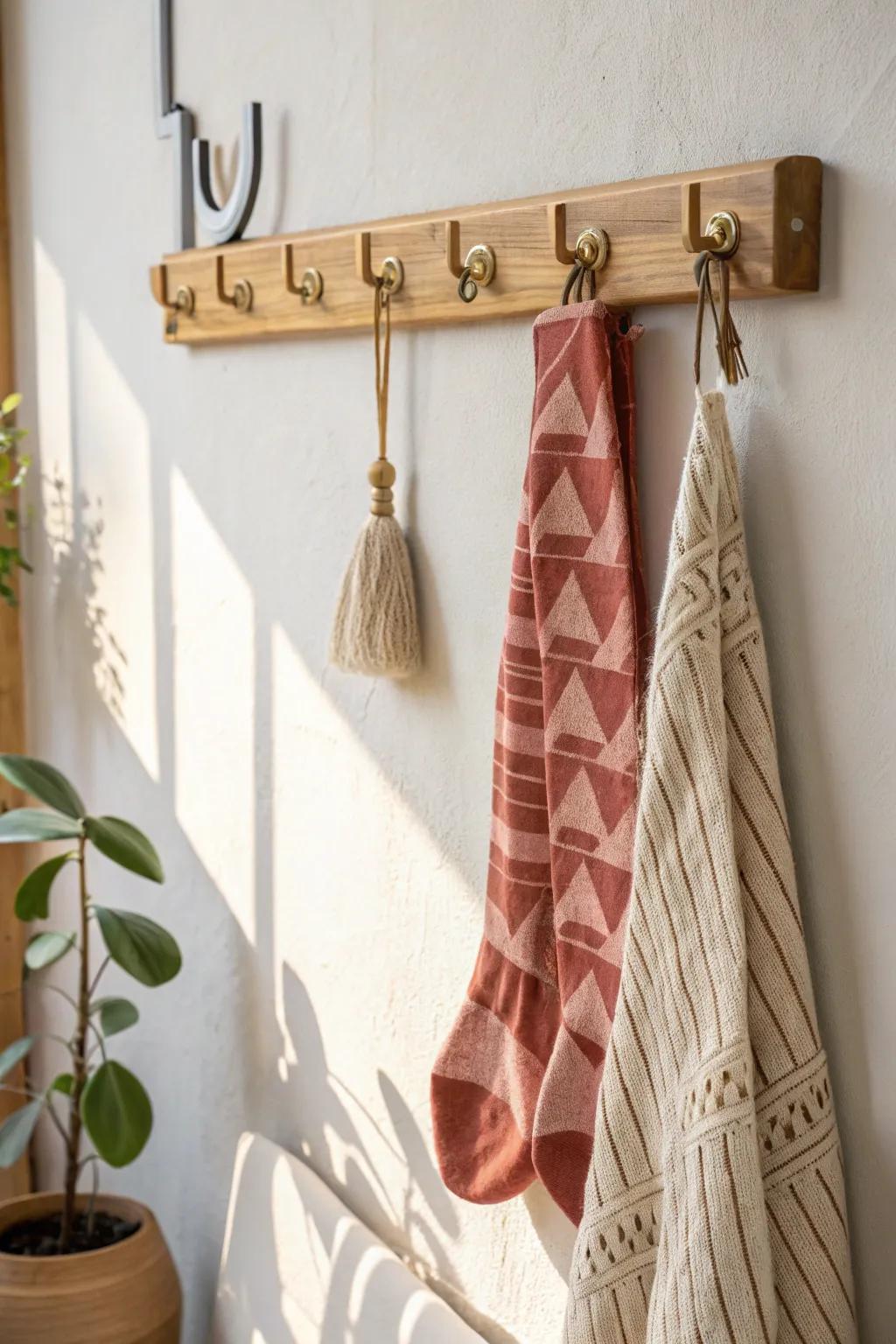 Turn statement socks into decor—hang one bold pair on a simple wall rail to save drawer space.