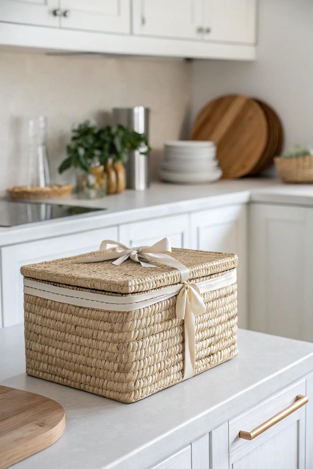A uniform lidded box above cabinets creates a hidden drop zone for cords, manuals, and spares.