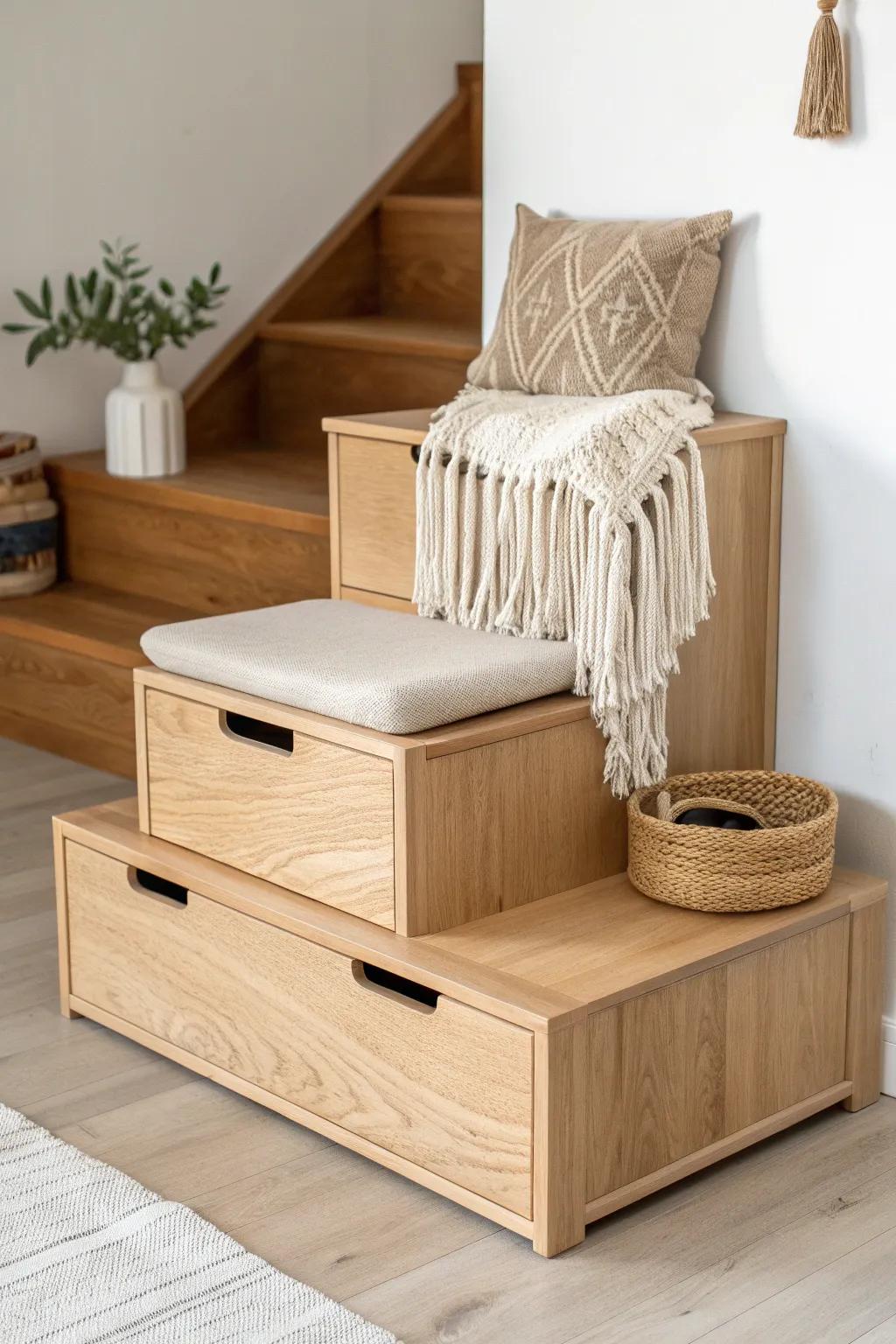 A tiered storage platform that’s steps, seating, and hidden drawer space in one.