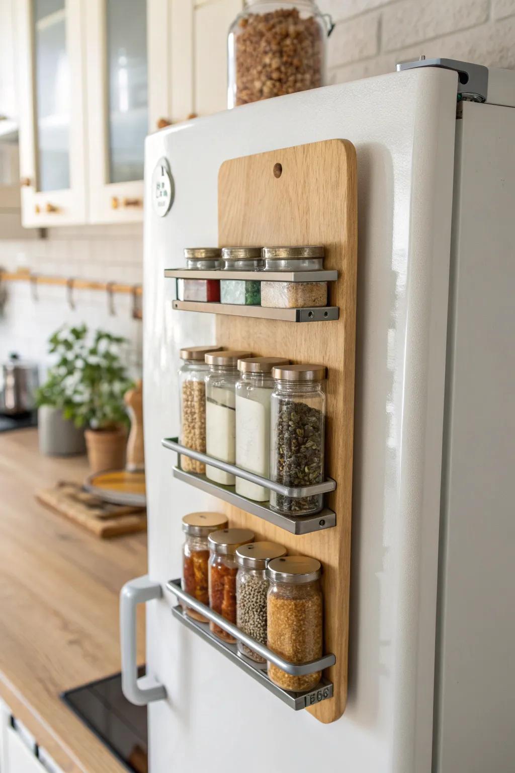 Magnetic side-of-fridge spice shelf: a curated set of jars that saves space and looks calm.