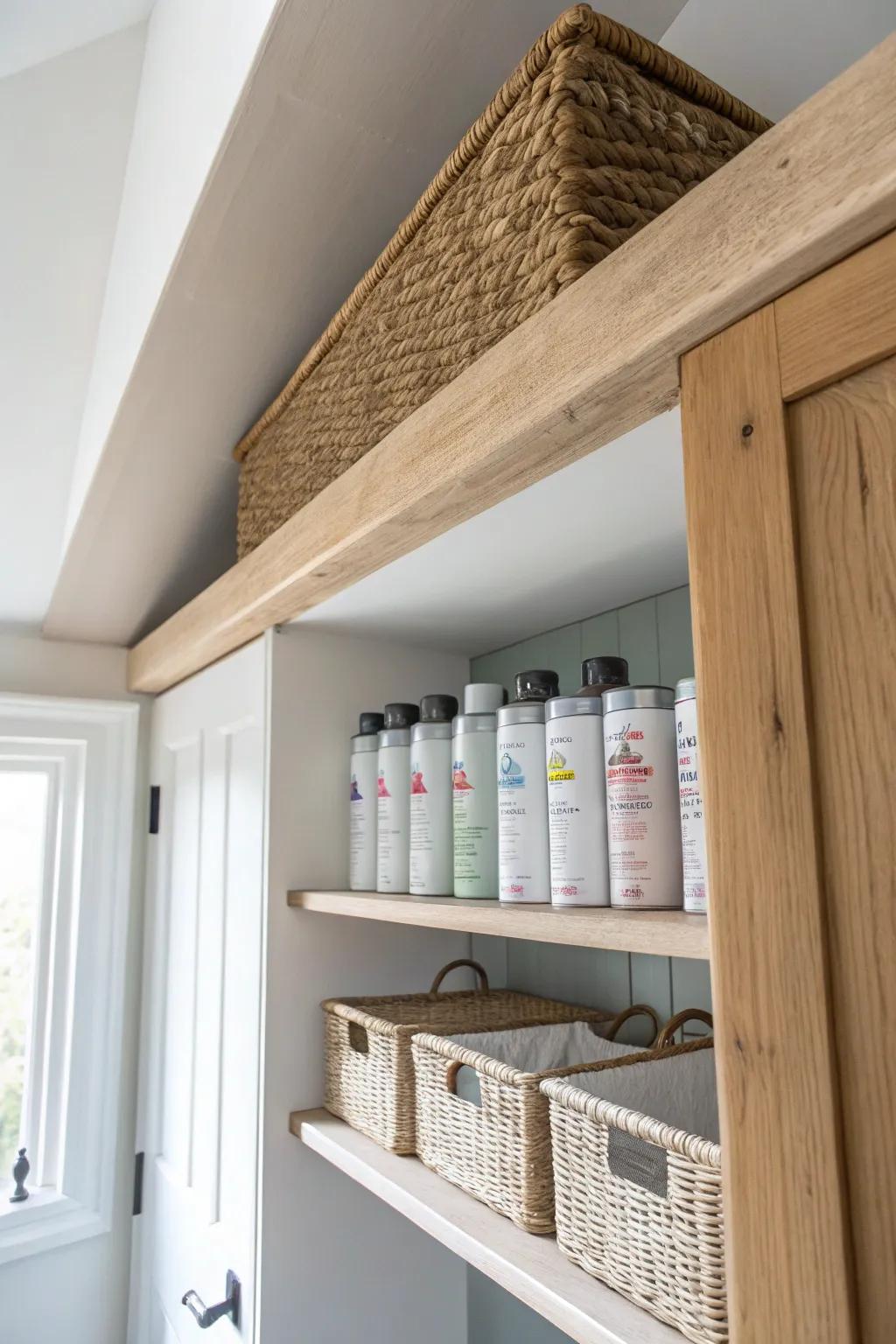 Use ceiling-joist shelves to stash backup spray paint up high—tidy, minimalist, space-smart.
