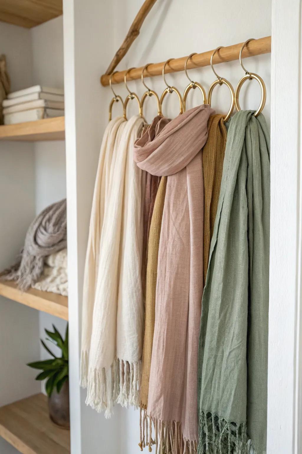 Turn shower curtain rings into chic vertical scarf storage—perfect for tiny closets.