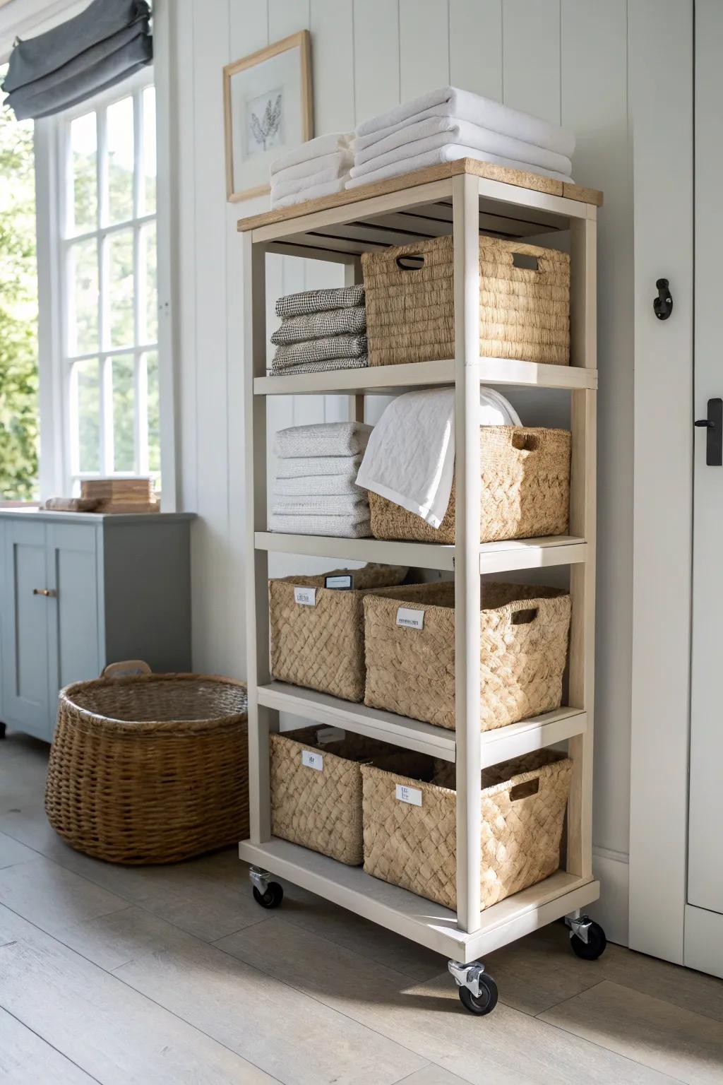 Pull-out rolling shelves on casters—easy access to the back wall in the smallest storage room.