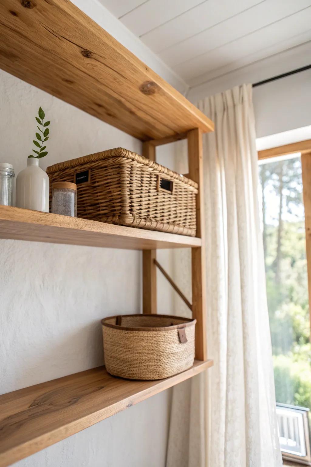 Use the “dead air” near the ceiling—add a ledge shelf for baskets, bins, and luggage.