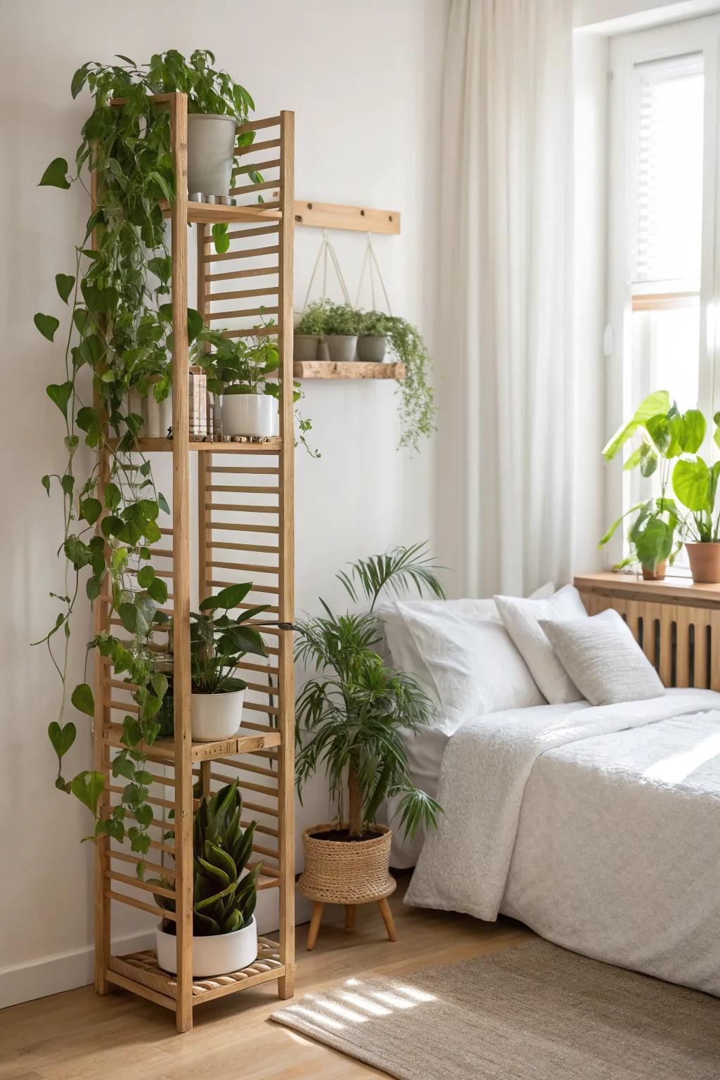 A slim plant wall screen softens your studio bed and adds privacy—without closing in the space.