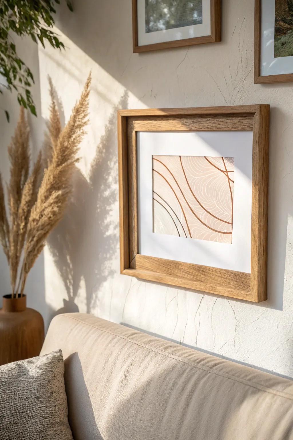 One cohesive frame style starts a gallery wall that pulls focus away from the bed.