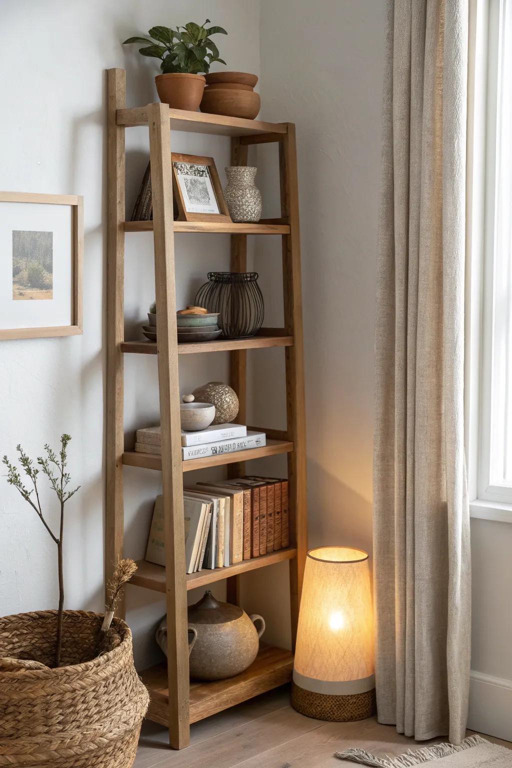 Mini library corner: a slim oak shelf with books, warm lamp glow, and a single plant.