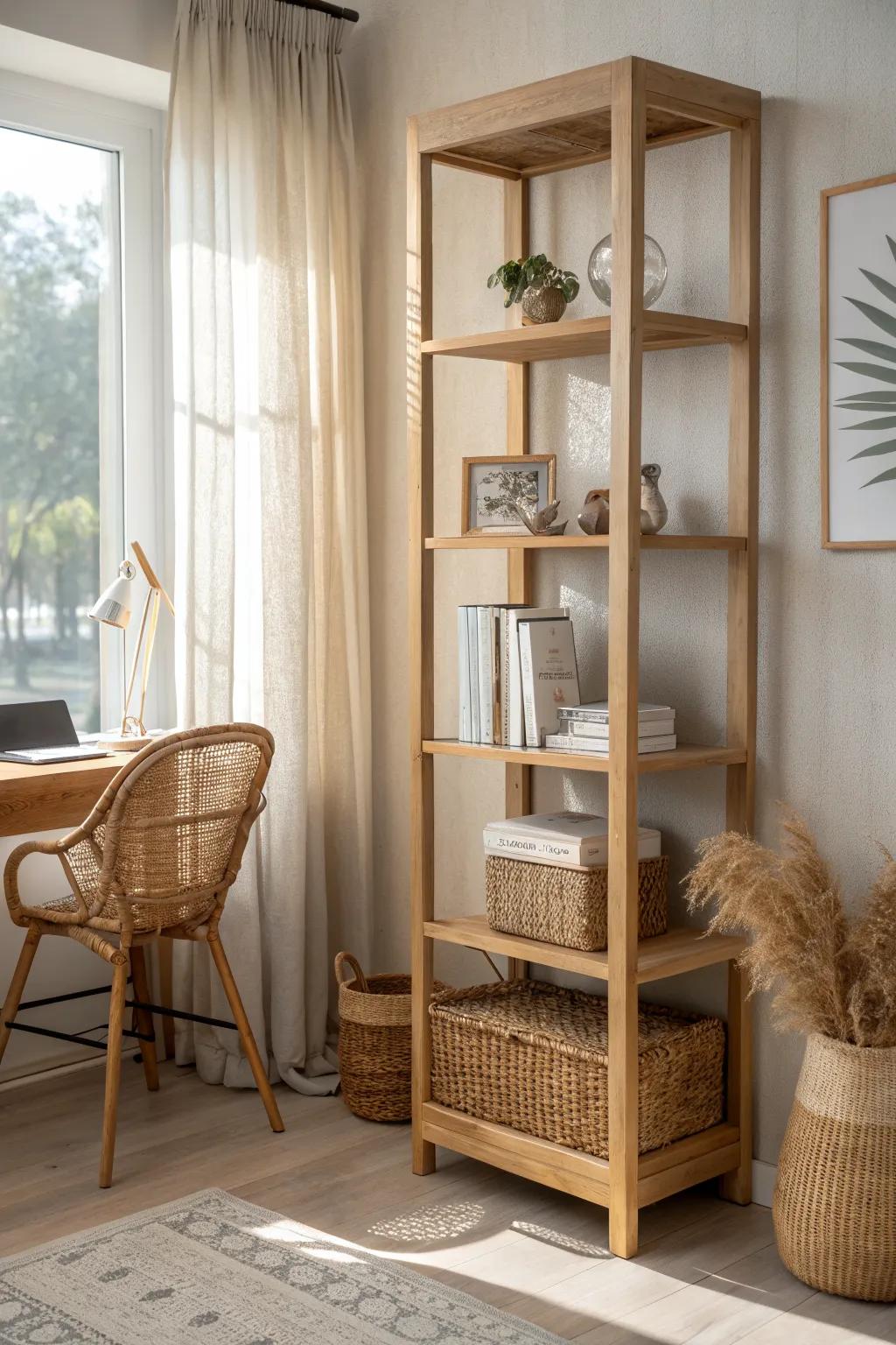 An open bookshelf divider makes even a tiny studio feel like a tucked-away study retreat.
