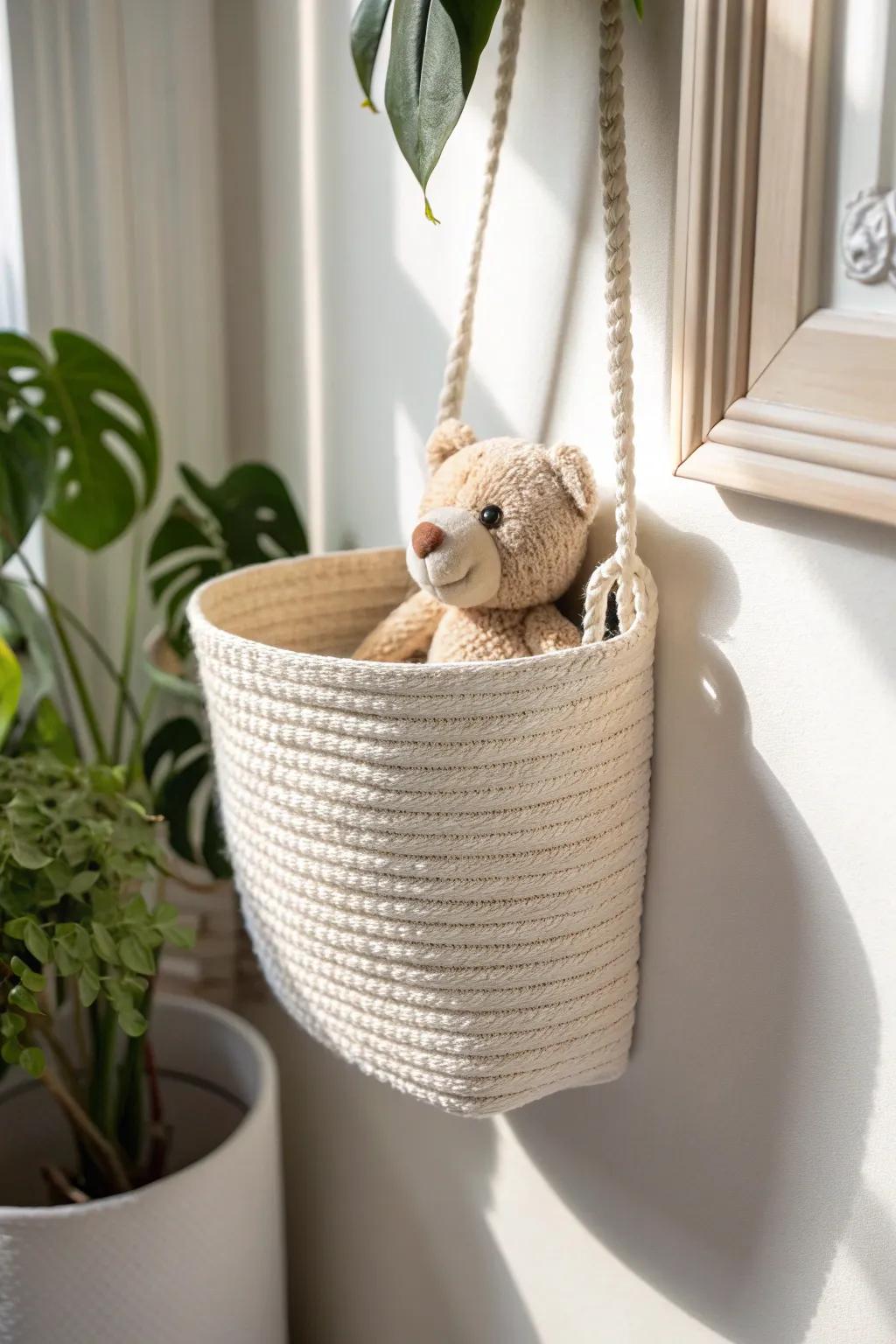 A woven wall planter becomes a plush pocket—cute, vertical storage for tiny stuffies.
