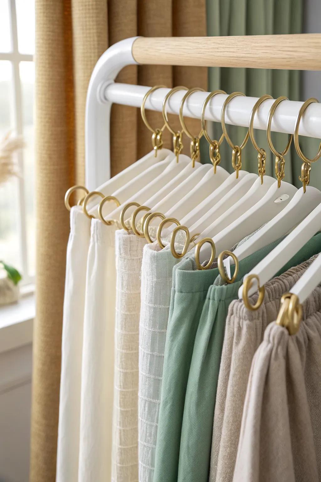 A closet-rod carousel with shower rings keeps tablecloths smooth, visible, and wrinkle-free.