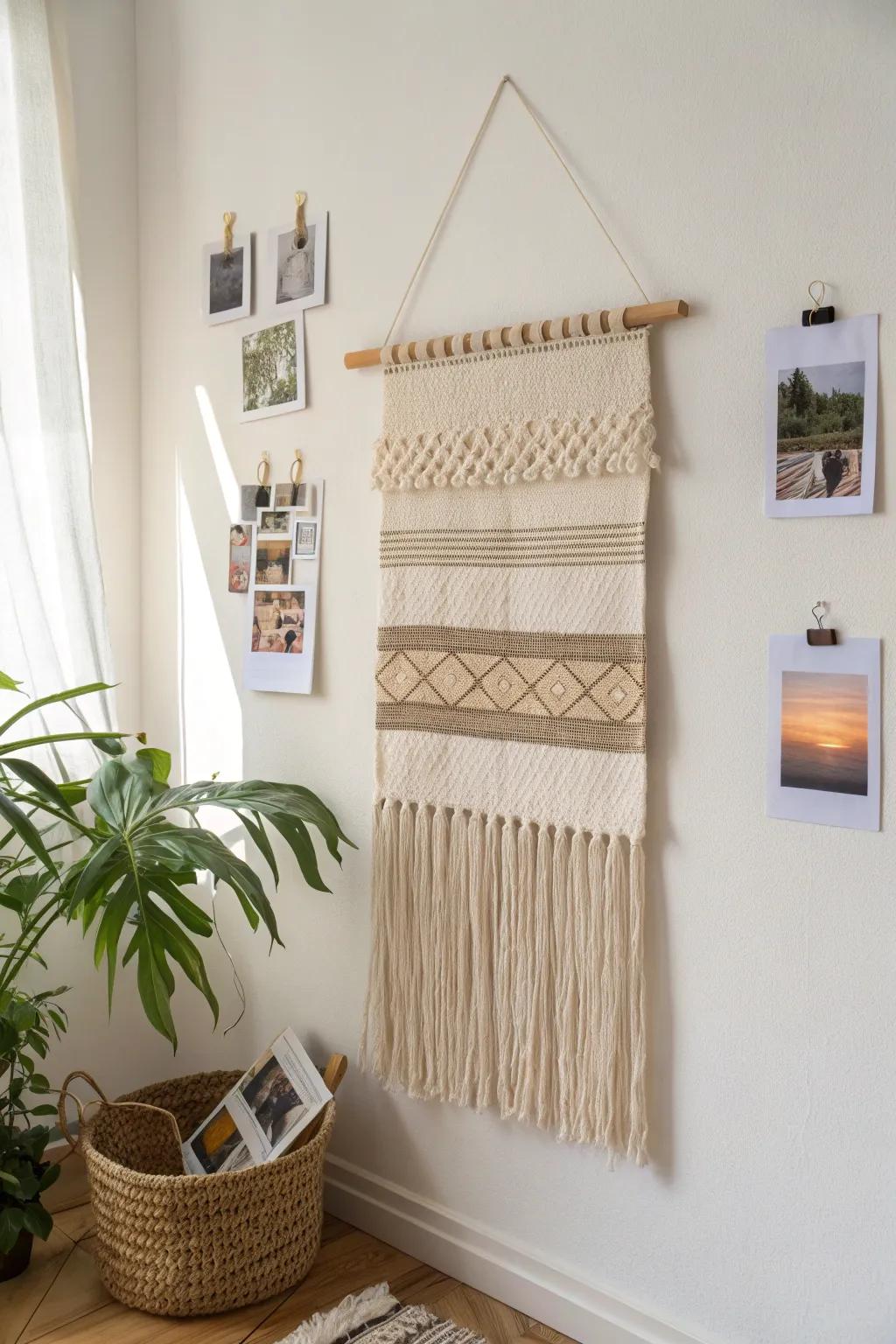 Turn a woven tapestry into a renter-friendly photo wall—just clip on prints and postcards.
