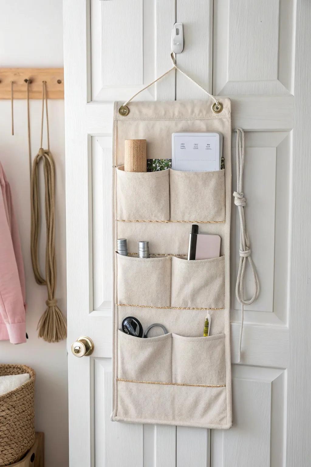 Make the back of the door a chic storage wall—hooks and pockets for daily teen essentials.