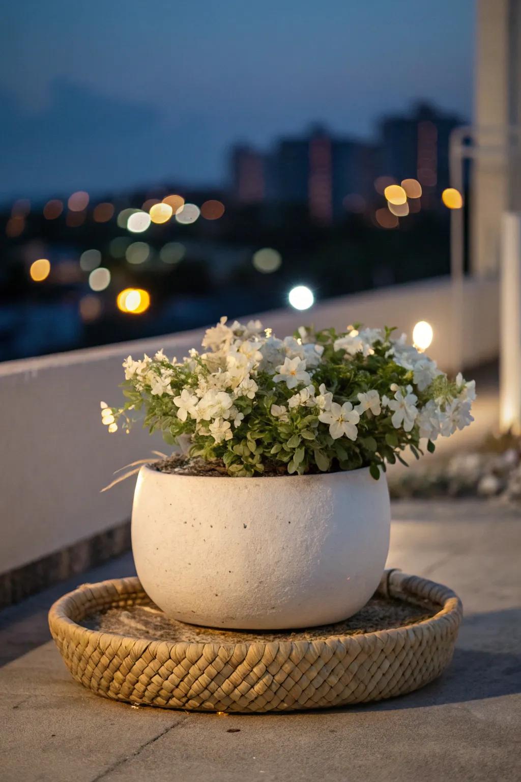 Moonlight terrace magic: one pale pot with white blooms and silvery leaves that glow at dusk.