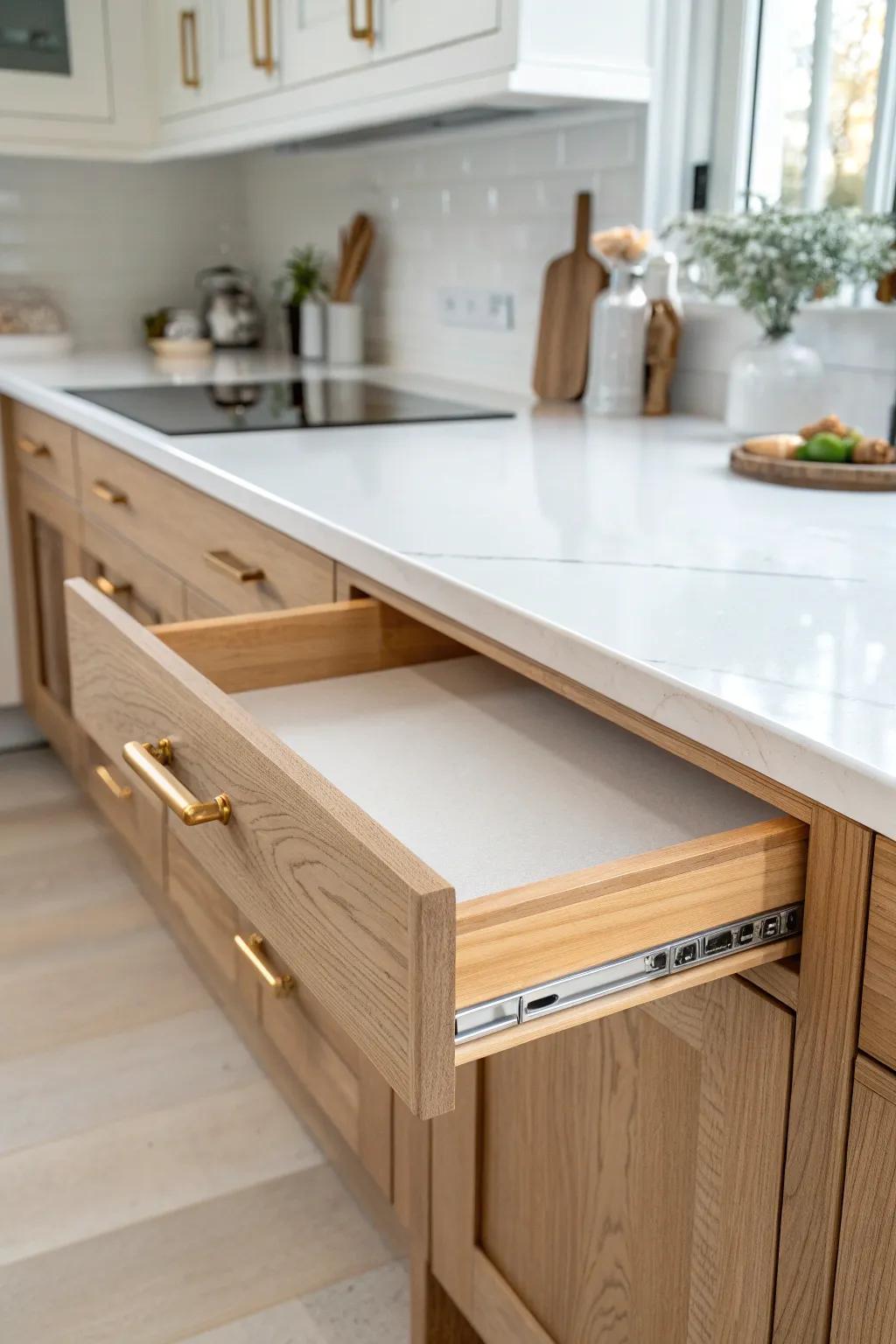 A hidden slide-out counter turns a tiny kitchen into an instant extra prep station.