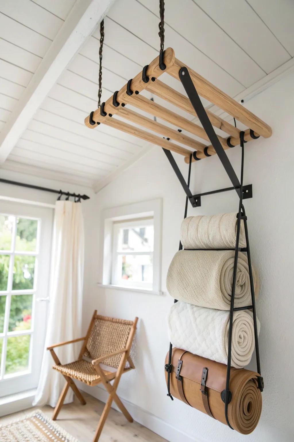 Use the ceiling as storage: a sleek rack keeps bulky gear up and your floor space free.