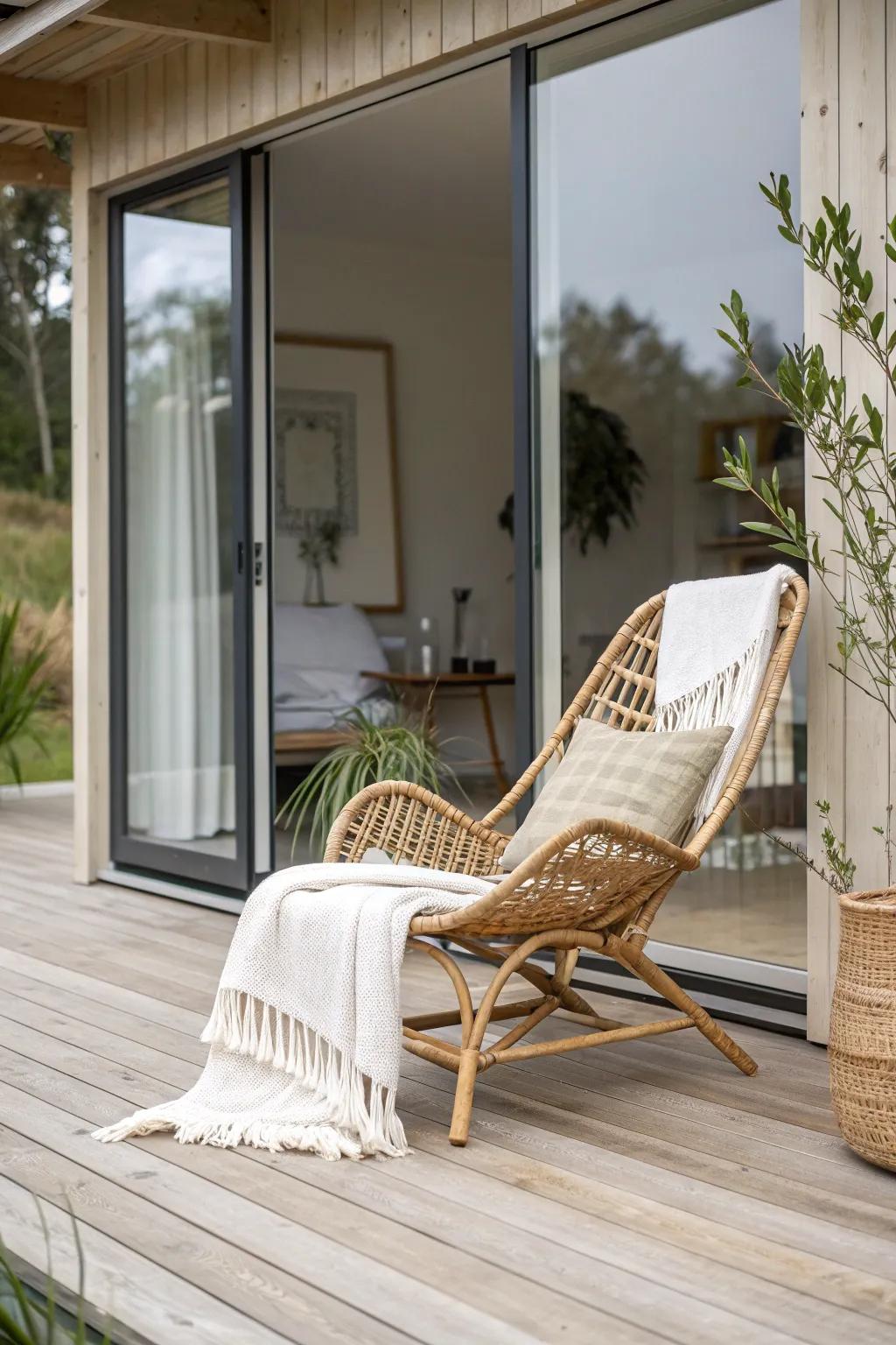 A petite deck lounge turns a tiny house doorway into an airy, sunlit second room.