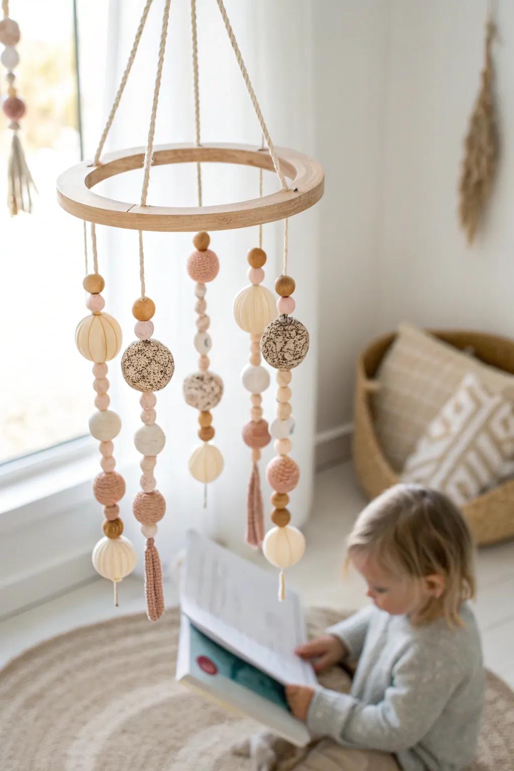 A dreamy ceiling mobile adds calm, storytime magic—little eyes linger between pages.