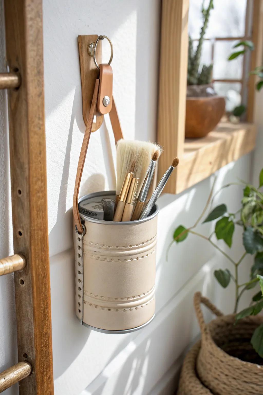 Repurposed tin can wall holder: a tiny-budget way to keep pencils, blades & brushes neat.