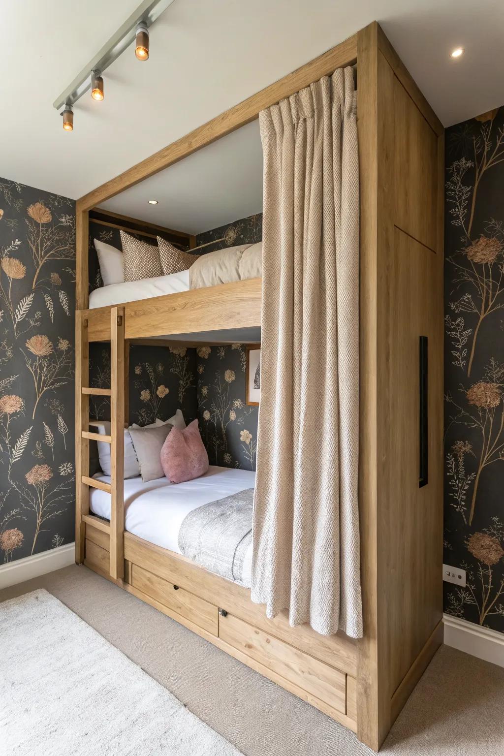 Turn a top bunk into a dreamy built-in alcove with curtains, wallpaper, and crisp bedding.