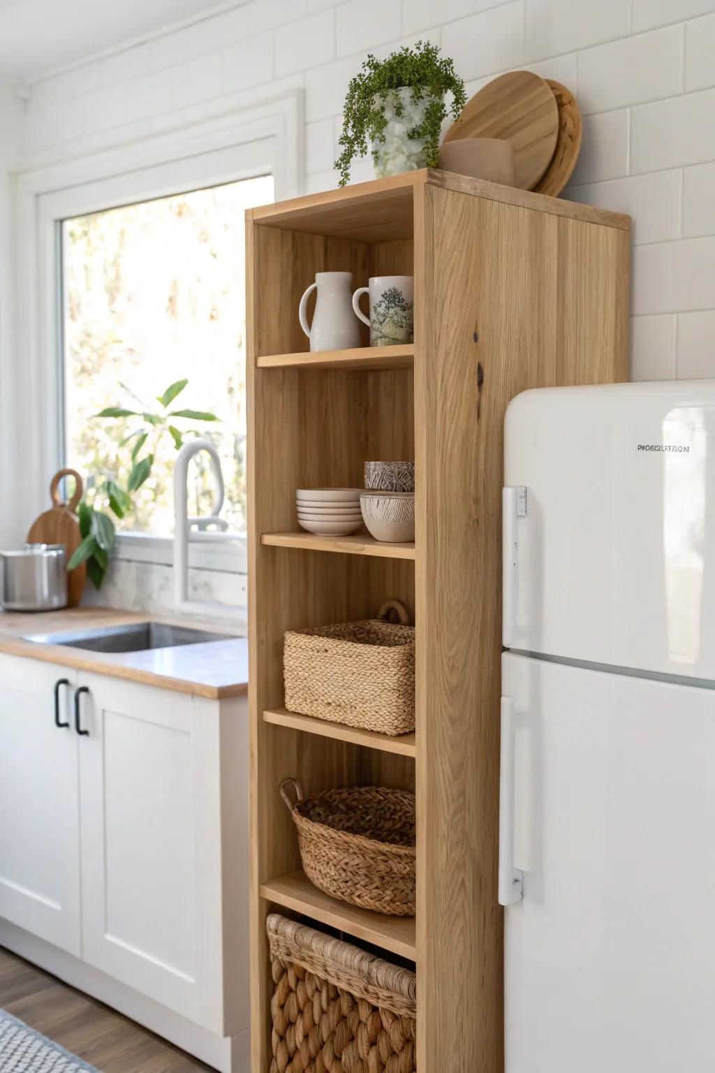 Open cubbies above the fridge add airy, rental-friendly storage for quick grab essentials.