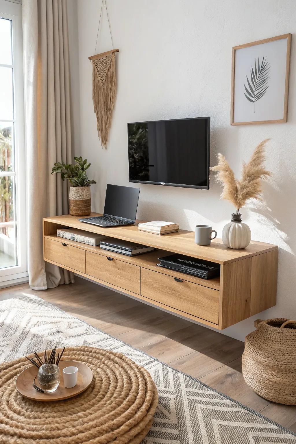 A sleek TV console with a hidden pull-out desk—small-space magic in warm Scandinavian style.