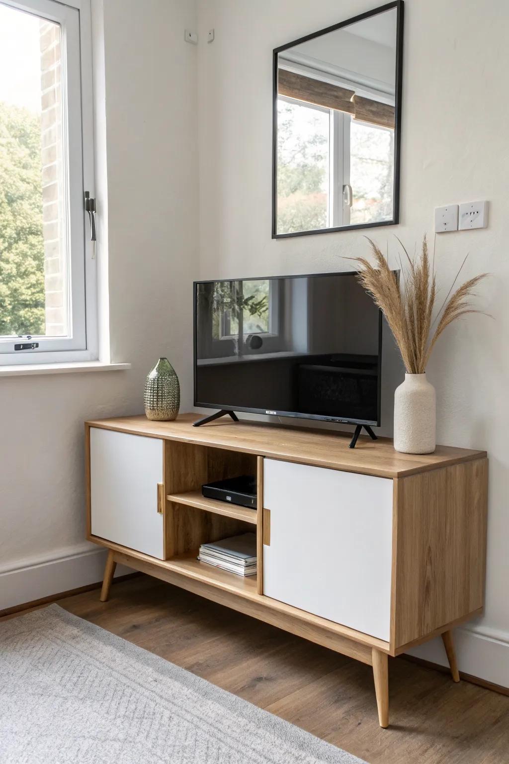 Mirrored TV stand fronts bounce light around, making small living rooms feel brighter.