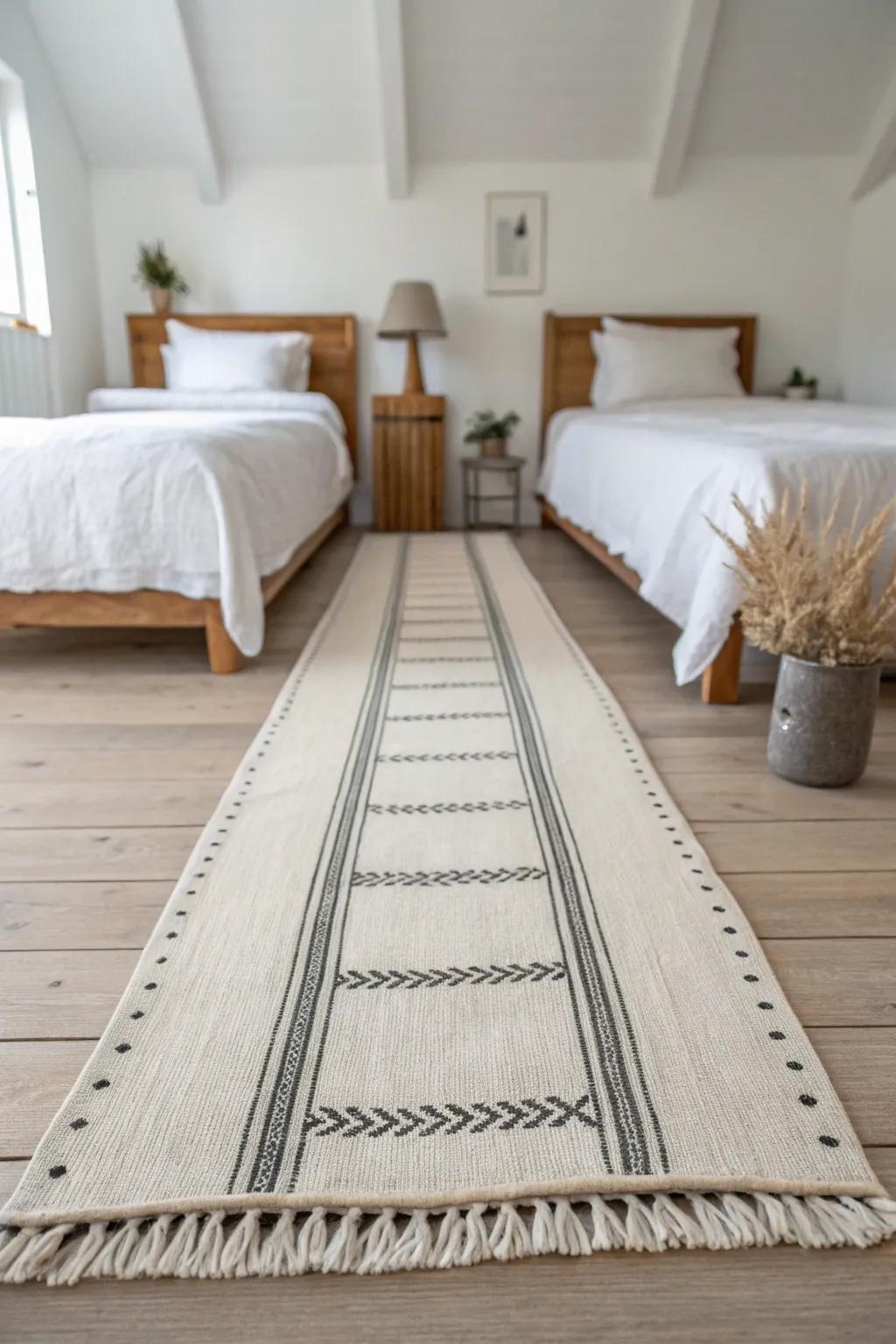 One long runner rug makes head-to-head twin beds feel chic and space-saving in a narrow guest room.