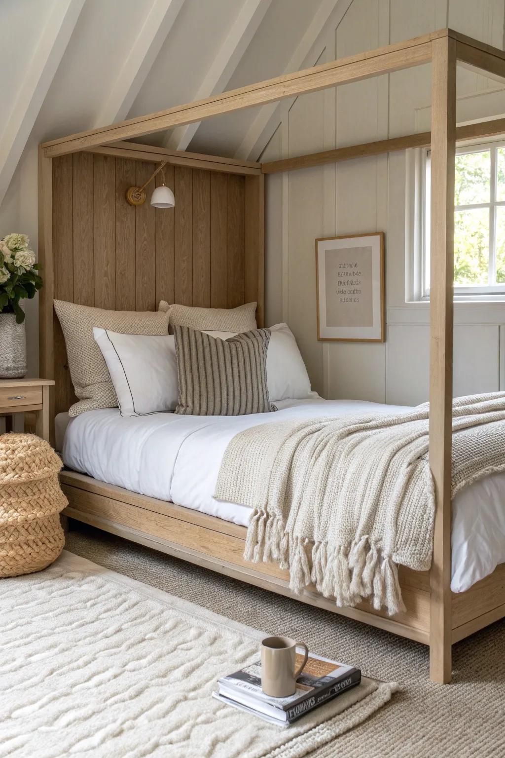 Turn a twin bed into a luxe reading nook with layered back pillows and cozy linen textures.
