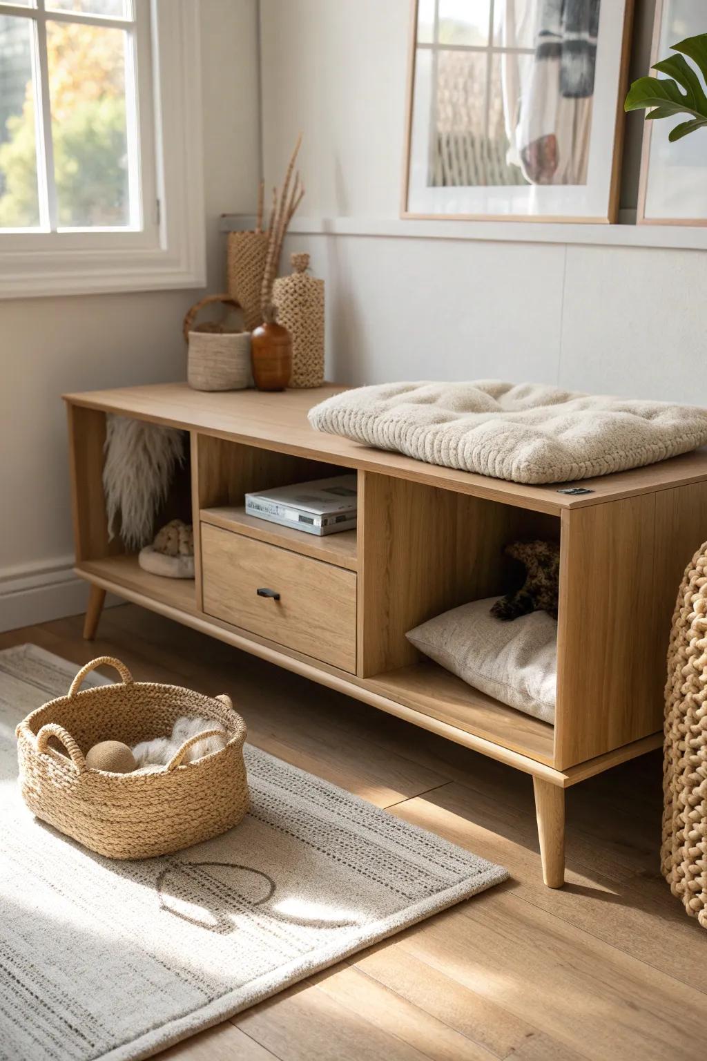 A cozy under-TV cubby turns into a chic pet nook—tidy, warm, and space-smart.