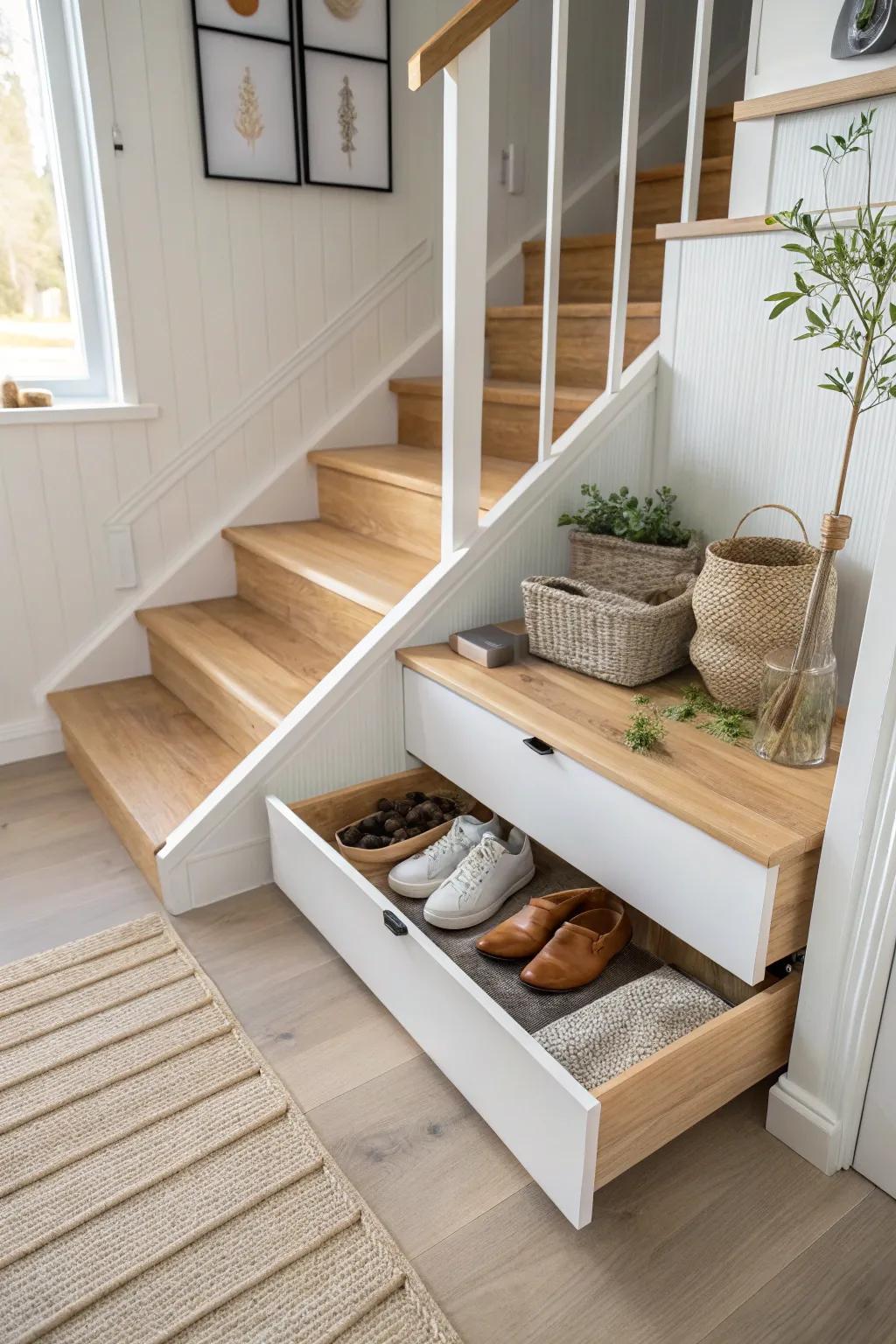 Stair-riser shoe drawer: hidden storage that keeps your entryway calm, clean, and clutter-free.