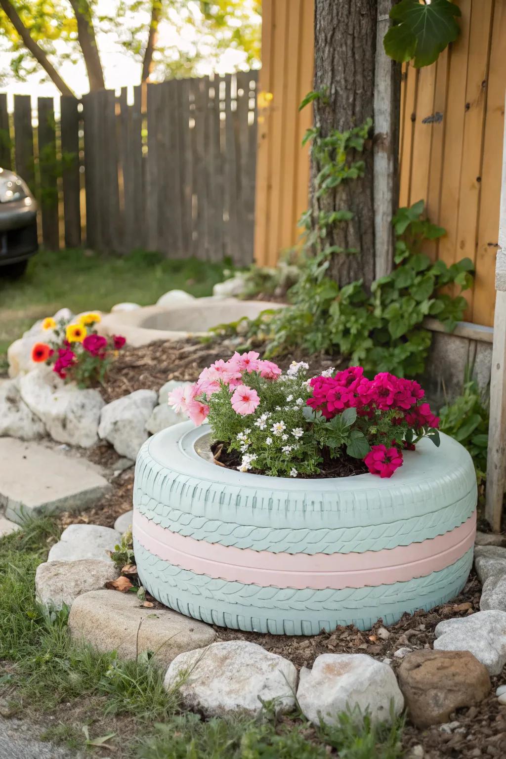 Transform old tires into charming garden planters that add a touch of eco-friendly elegance to your outdoor space.