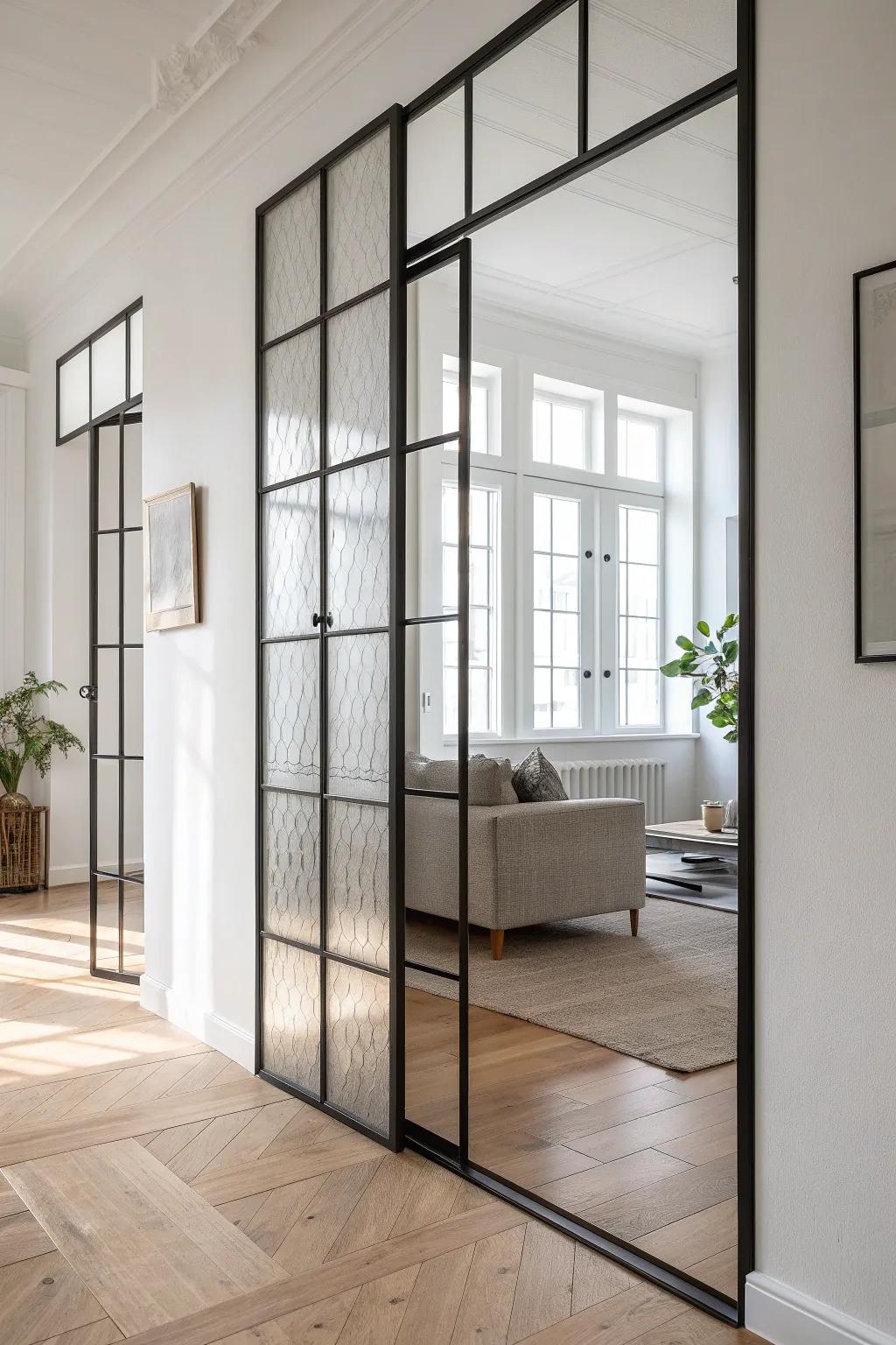 A glass or mesh-style divider defines your urban living room—without stealing the light.
