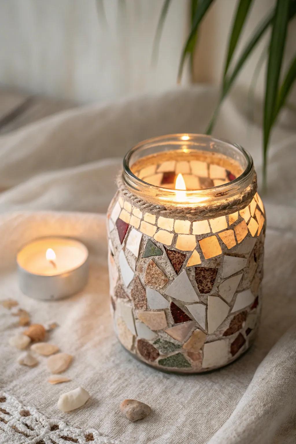 Illuminate your space with the subtle elegance of a handcrafted mosaic candle holder, where beauty meets simplicity.