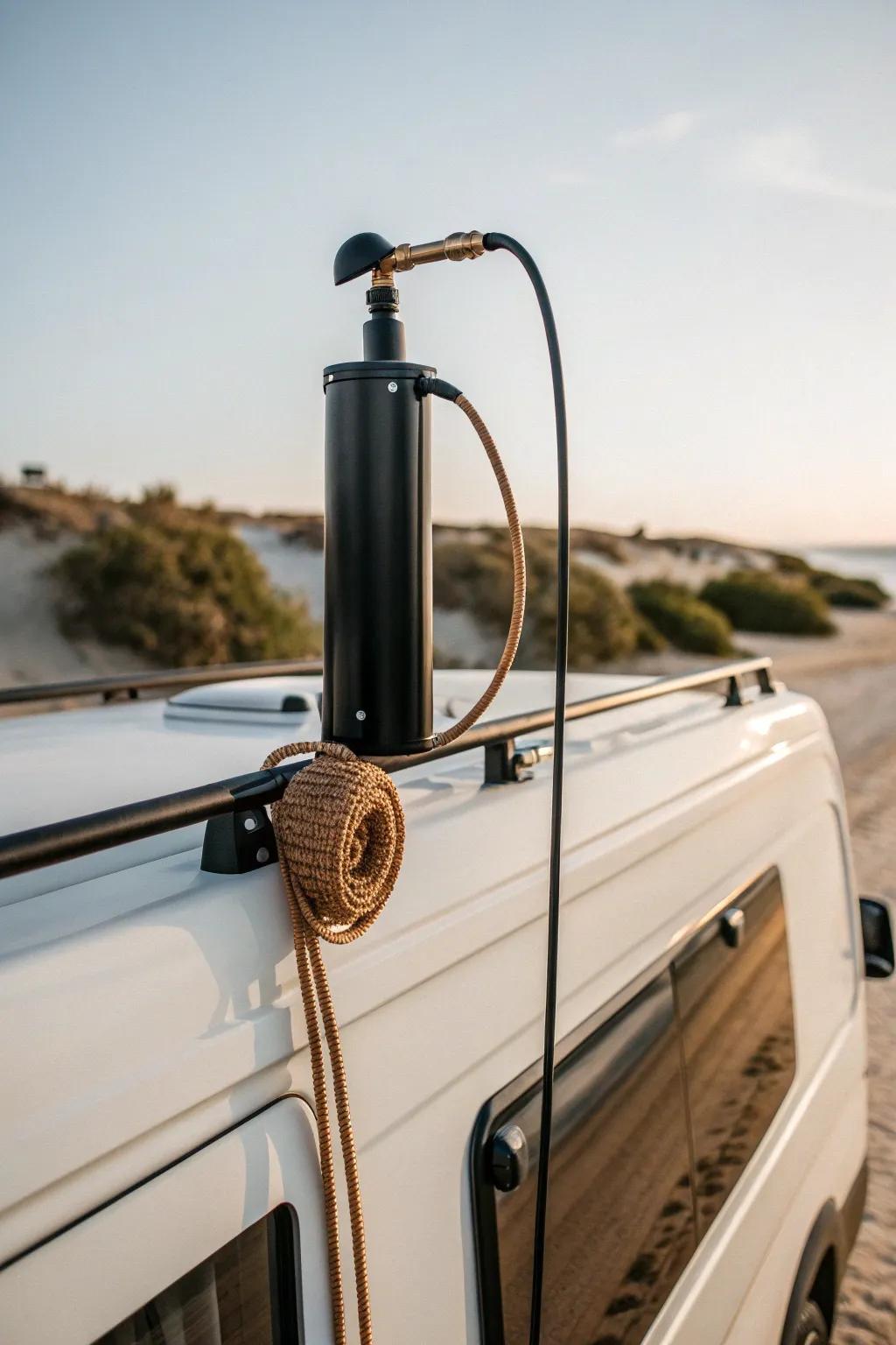 Matte black rooftop tube shower—sun-warmed water on demand for effortless van life rinses.