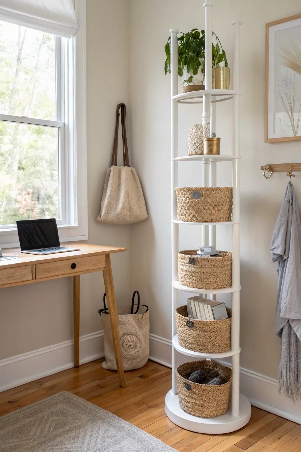 Renter-friendly tension pole tower: baskets + hooks for instant vertical storage in tight corners.