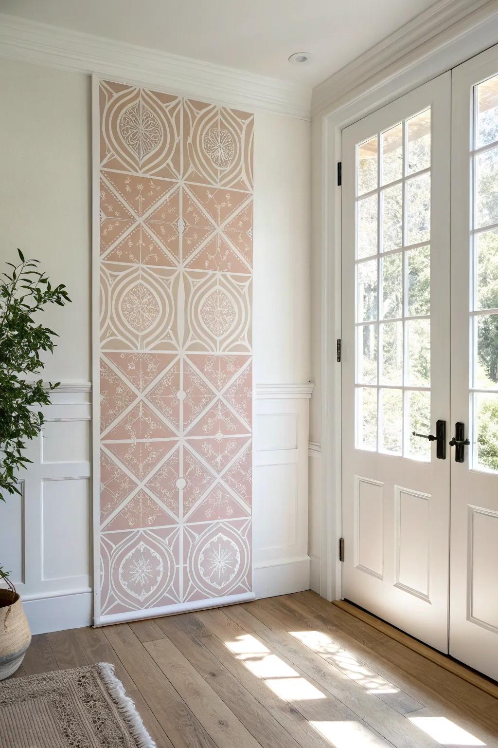 A skinny removable wallpaper panel adds bold vertical style—perfect for rentals and small entryways.
